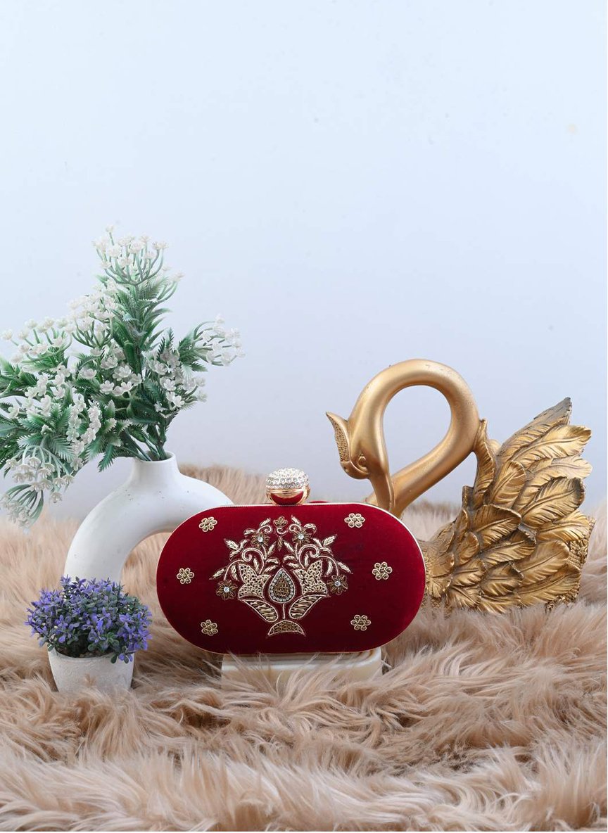 Exquisite Hand-Embroidered Velvet Zardozi Ruby Red Clutch