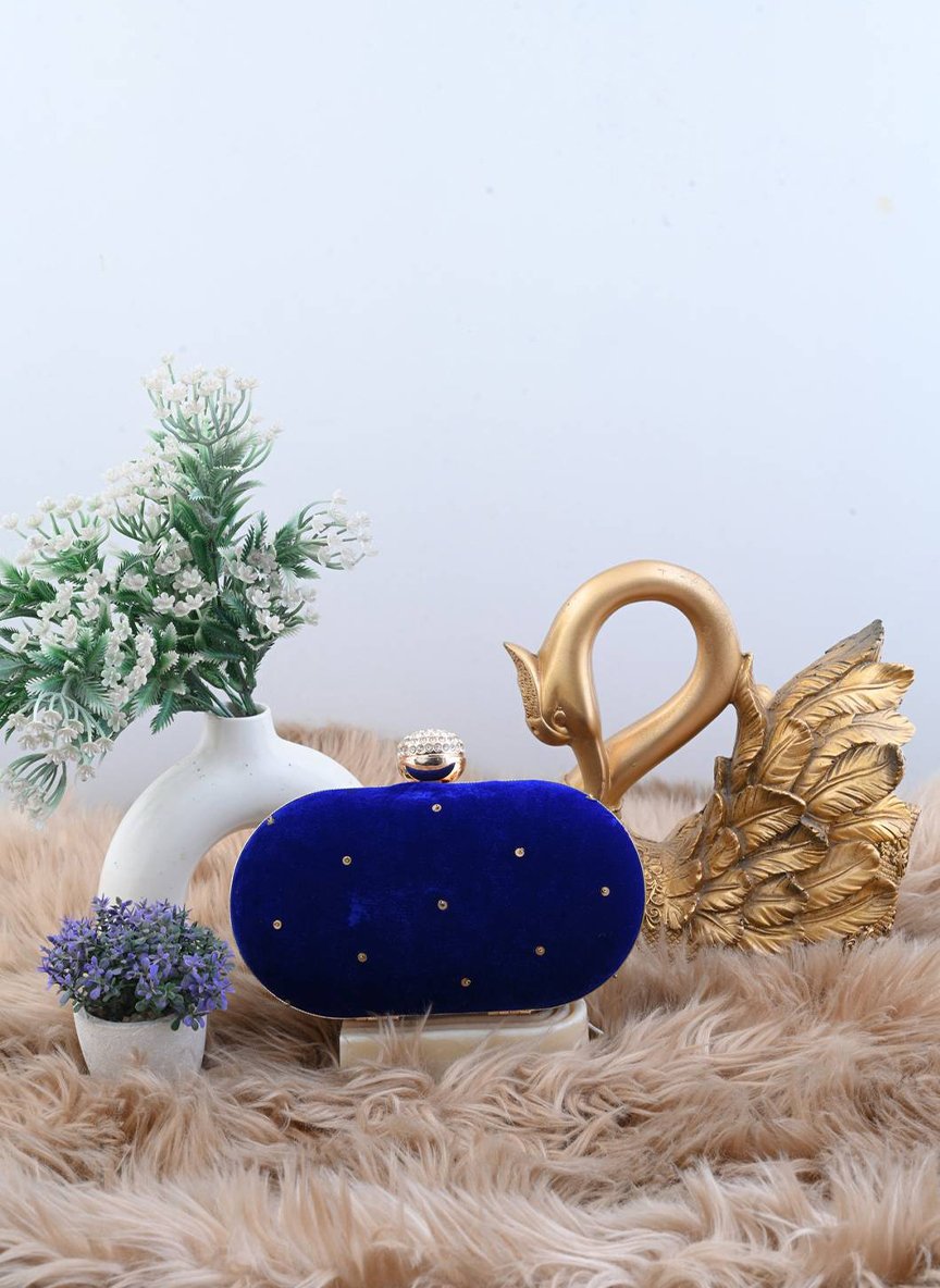 The Empress Bird — Hand-Embroidered Zardozi Royal Blue Velvet Oval Clutch