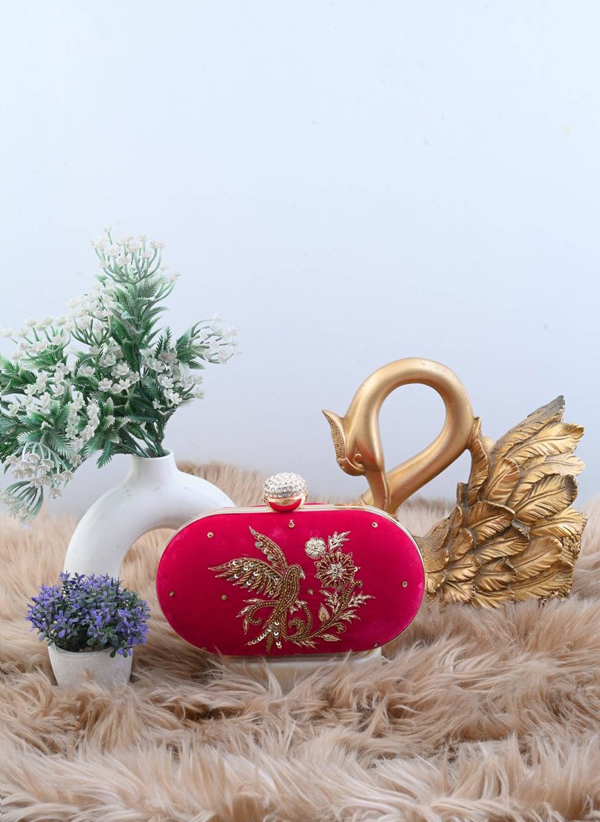 The Empress Bird — Hand-Embroidered Zardozi Pink Velvet Oval Clutch